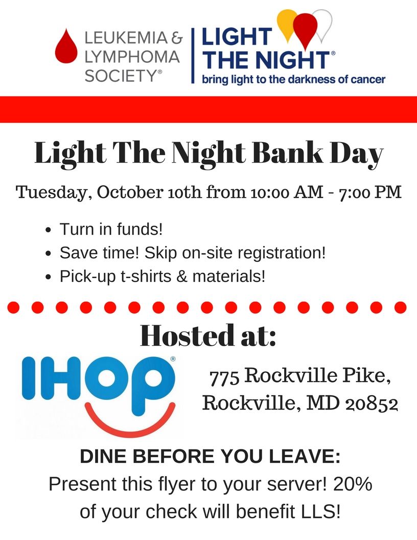 The Rockville bank day will be on Tuesday, October 10 from 10AM to 7PM at the ihop on Rockville Pike. 775 Rockville Pike, Rockville, MD, 20852.